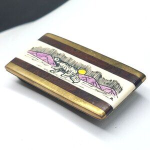 Vintage Scrimshaw Polar Bear Brass Money Clip With Mountain Scene - Made In USA